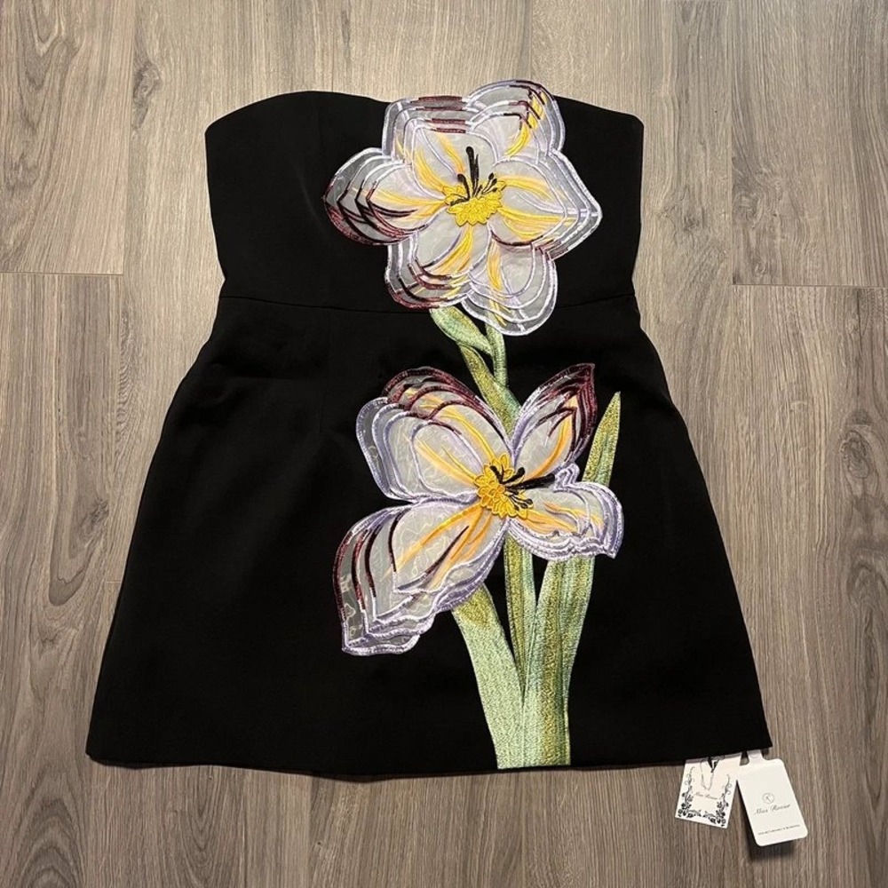 Miss Rosier NWT Black Floral Appliqué Embroidered Dress Purple Flowers